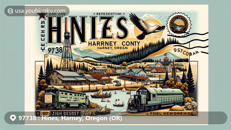 Modern illustration of Hines, Harney County, Oregon, featuring the Edward Hines Lumber Company and the natural beauty of the high desert landscape, with symbolic representations of the postal service and ZIP code 97738.