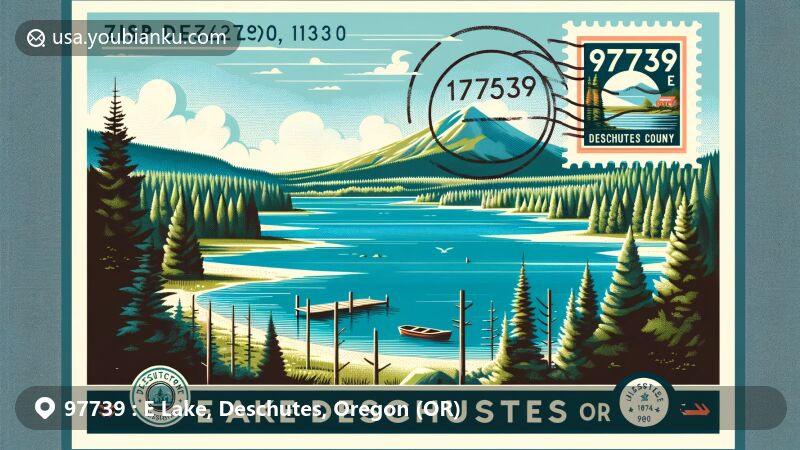 Modern illustration of E Lake, Deschutes County, Oregon, featuring stunning views of Paulina Lake or Sparks Lake, surrounded by Deschutes National Forest.