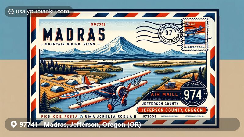 Modern wide-format illustration of Madras, Jefferson County, Oregon, capturing scenic beauty with Madras Mountain Views Scenic Bikeway, Oregon volcanoes, agricultural landscapes, Lake Billy Chinook, and vintage air mail envelope theme.
