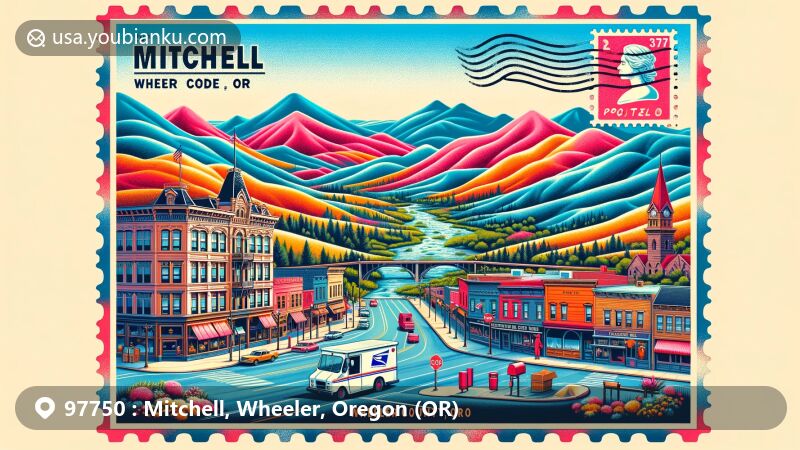 Modern illustration of Mitchell, Wheeler County, Oregon, featuring the natural beauty and postal theme of ZIP code 97750, showcasing the Painted Hills and historic landmarks like Bridge Creek and Oregon Hotel.