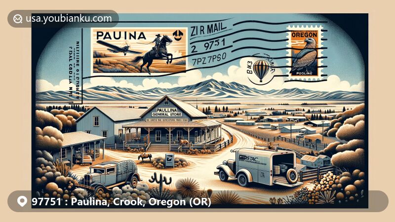 Modern illustration of Paulina, Oregon, with ZIP code 97751, showcasing high desert landscapes, Paulina general store and post office, Paulina Rodeo, and vintage air mail theme.