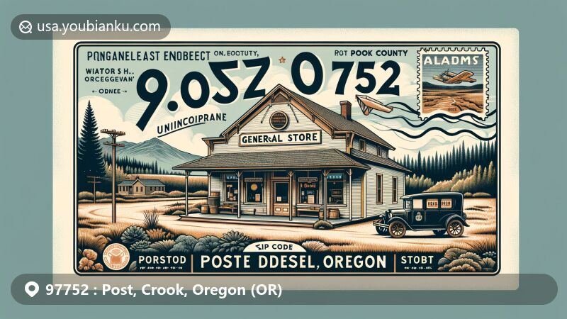 Modern illustration of Post, Oregon, in Crook County, highlighting the historic general store, natural scenery, and postal heritage, with ZIP code 97752 and elements representing Post's namesake, Walter H. Post, the first postmaster.