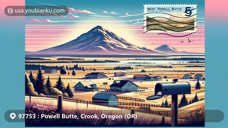 Modern illustration of Powell Butte, Crook County, Oregon, inspired by ZIP code 97753, blending local charm with postal themes. Depicts community living amidst scenic nature, reminiscent of West Powell Butte Estates, with Powell Buttes silhouette and airmail envelope featuring Powell Butte post office stamp.