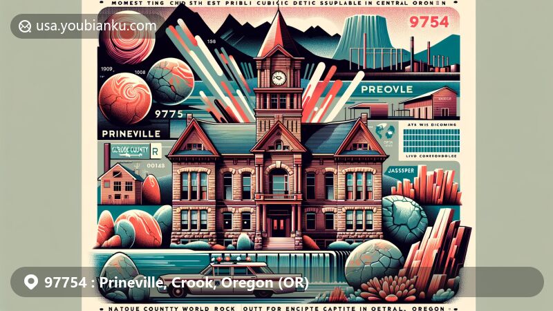 Modern illustration of Prineville, Crook County, Oregon, spotlighting the area's fascinating blend of history and modernity, featuring the iconic Crook County Courthouse, symbolizing rockhounding with thundereggs, petrified wood, and jasper, and showcasing Barnes Butte against the high desert backdrop, incorporating tech industry elements and vintage air mail envelope with ZIP code 97754.