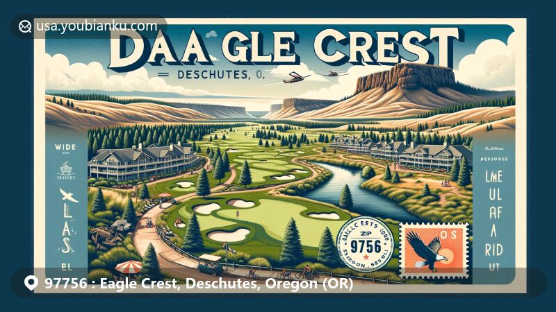 Modern illustration of Eagle Crest Resort, Deschutes, Oregon, featuring panoramic view of lush golf courses by Deschutes River canyon, with iconic landmarks like Cline Butte and Smith Rock in the background, under clear blue sky. Vintage postcard elements include ZIP code 97756, Oregon flag postage stamp, and ornate postmark.