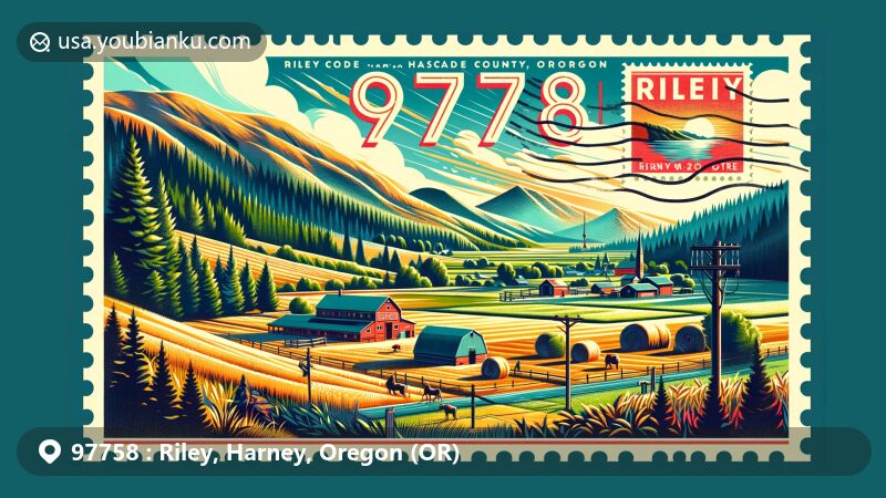 Modern illustration of Riley, Harney County, Oregon, capturing the natural beauty and landmarks. Features Cascade mountain foothills, camping, hiking, fishing, alfalfa fields, hay fields, and the iconic Riley Store.