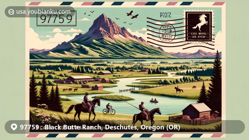 Modern illustration of Black Butte Ranch, Oregon, capturing the serene beauty of the area with iconic Black Butte mountain and lush green surroundings, featuring a vintage postcard theme with ZIP code 97759 and postal elements.