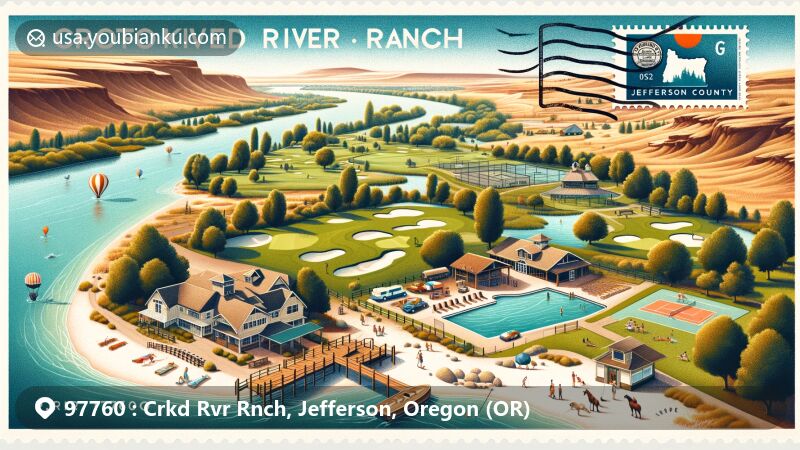 Modern illustration of Crooked River Ranch in Jefferson County, Oregon, portraying unique geographical location between Deschutes River and Crooked River near Lake Billy Chinook. Includes golf course, swimming pool, tennis courts, and general store in vintage postcard style.