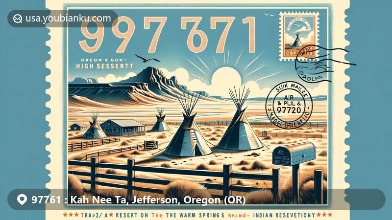 Modern illustration of Kah-Nee-Ta Resort & Spa in Oregon's high desert environment, designed as a vintage postcard with hot springs and teepees, showcasing ZIP code 97761 and postal elements.