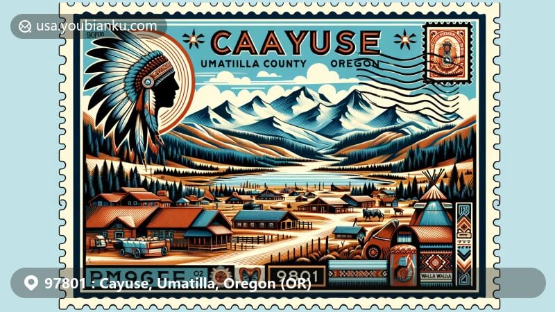 Modern illustration of Cayuse, Umatilla County, Oregon, showcasing cultural heritage of Cayuse, Umatilla, and Walla Walla Tribes through Tamástslikt Cultural Institute, incorporating traditional patterns, highlighting the Blue Mountains essential for tribal activities, and featuring postal theme with vintage postcard elements.