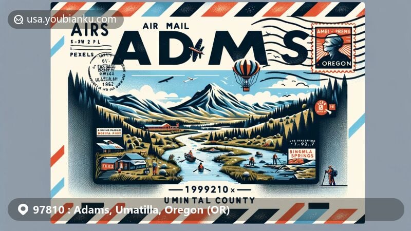 Creative modern illustration of a postal envelope design featuring postal elements and regional characteristics of Adams area in Umatilla County, Oregon, with ZIP code 97810 and scenic Bingham Springs in Blue Mountains valley.