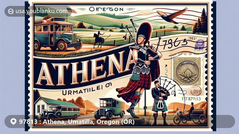Modern illustration of Athena, Oregon, showcasing postal theme with ZIP code 97813, featuring Scottish heritage elements like bagpipes and Scottish dancing, as well as the natural beauty of Umatilla County.