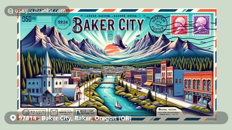 Modern illustration of Baker City, Oregon, featuring Wallowa and Elkhorn Mountains, Powder River, postal elements, and ZIP code 97814.