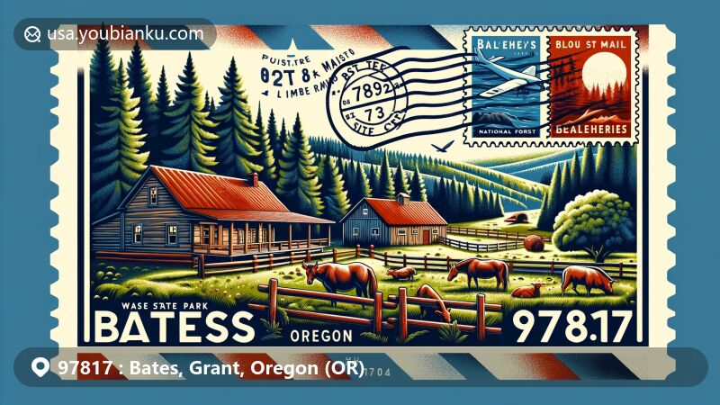 Modern illustration of Bates, Oregon, highlighting postal theme with ZIP code 97817, featuring Bates State Park's lush forest, Boulder Creek Ranch's ranch life elements, and a vintage airmail envelope with stamp depicting forest and ranch life.