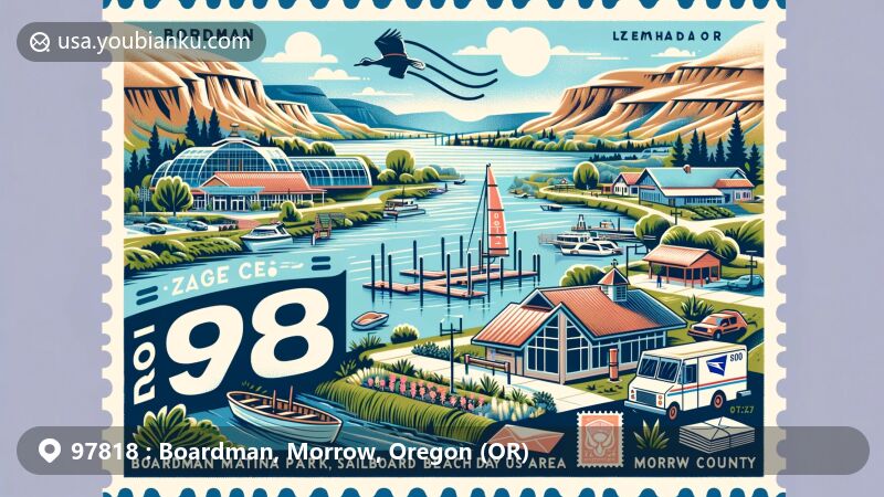 Modern postcard-style illustration of Boardman, Morrow County, Oregon, featuring SAGE Center, Columbia River, Marina Park, Sailboard Beach, and postal symbols for ZIP Code 97818.