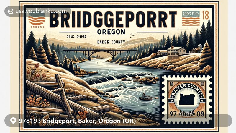 Vintage-style illustration of Bridgeport, Baker County, Oregon, capturing the essence of ZIP code area 97819 with Burnt River and natural landscapes, showcasing Oregon state flag and Baker County outline.
