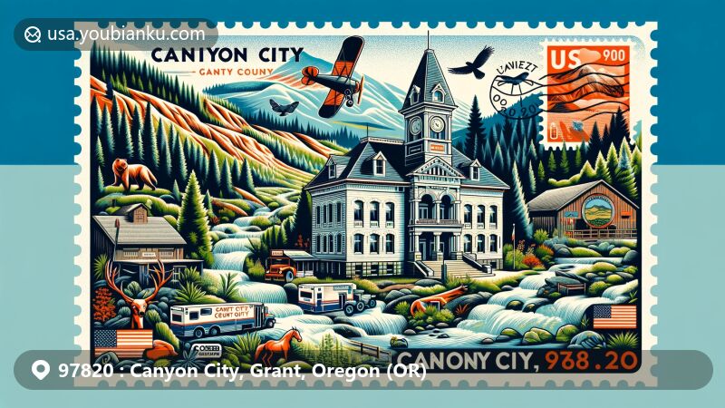 Modern illustration of Canyon City, Grant County, Oregon, highlighting historical significance with Grant County Courthouse, rugged landscapes, and postal elements like vintage air mail envelope, postmark, and stamps showcasing local wildlife and heritage.