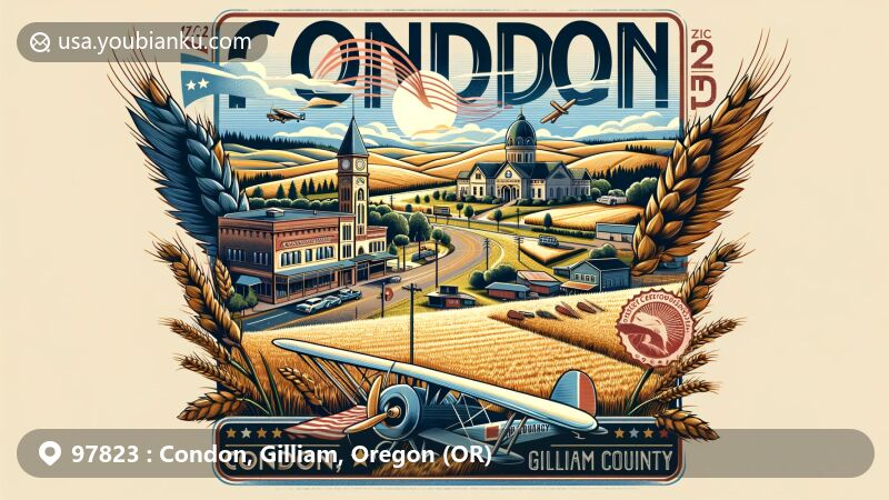Modern illustration of Condon, Gilliam County, Oregon, featuring rolling wheat fields, Main Street, and the Gilliam County Courthouse, capturing the region's agricultural heritage, history, and natural beauty.
