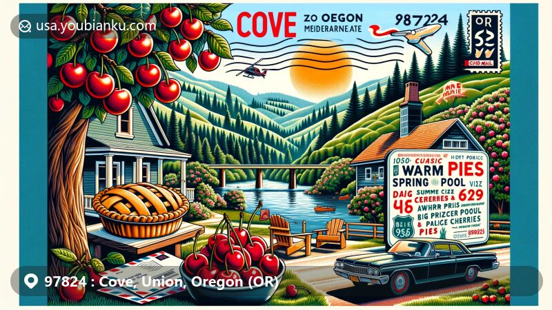 Modern illustration of Cove, Oregon, featuring ZIP code 97824, showcasing warm-summer Mediterranean climate, historic Warm Spring Pool, big prize cherries, and apple pies.