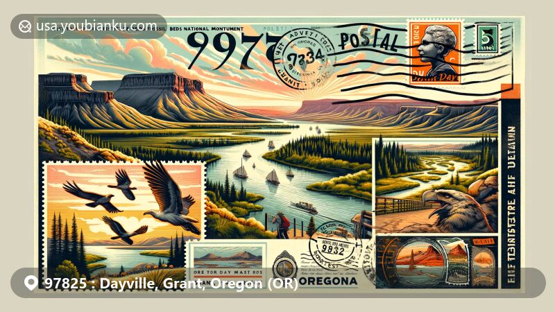 Vintage-style illustration of Dayville, Grant County, Oregon, showcasing John Day Fossil Beds National Monument, John Day River, Aldrich Mountains, and high desert scenery, featuring a postal theme with ZIP code 97825 and Oregon state symbols.