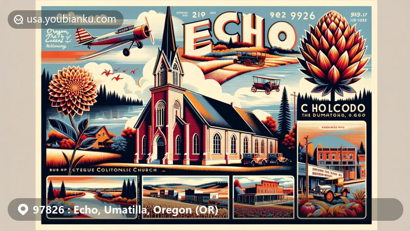 Modern illustration of Echo, Umatilla County, Oregon, featuring St. Peter's Catholic Church, the Dahlia flower, and Red Horse Chestnut tree, with Umatilla River and Oregon Trail backdrop. Includes vintage farm equipment, Oregon Trail Arboretum, and postal theme with ZIP code 97826.
