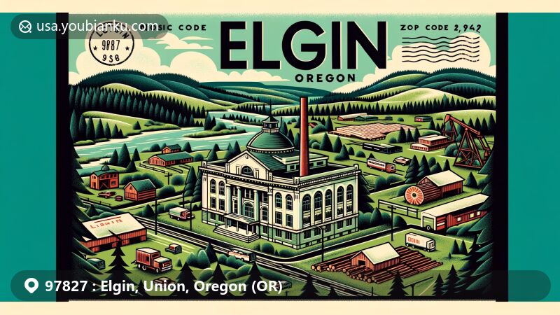 Modern illustration of Elgin, Union County, Oregon, featuring Elgin Opera House, lush green hills, Boise Cascade mill, Jubilee Lake, and vintage postal elements, celebrating ZIP code 97827.