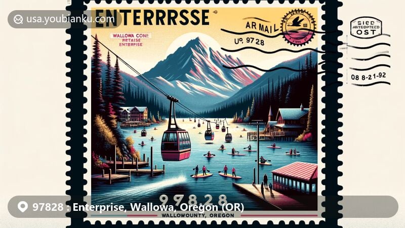 Modern illustration of Enterprise, Wallowa County, Oregon, highlighting Wallowa Lake, Mt. Howard, Wallowa Mountains, and the Wallowa County Courthouse, with postal theme elements like a postage stamp and a postal mark.