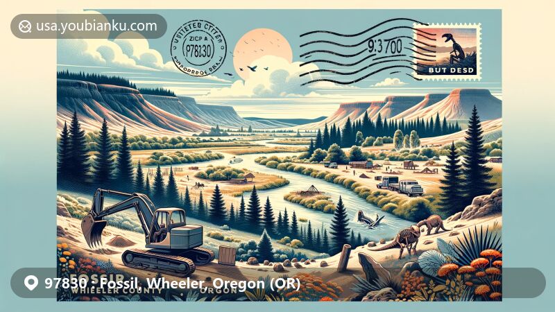 Modern illustration of Fossil, Wheeler County, Oregon, showing Butte Creek, John Day Fossil Beds, and local flora, with vintage postal elements like a postage stamp and ZIP code 97830.