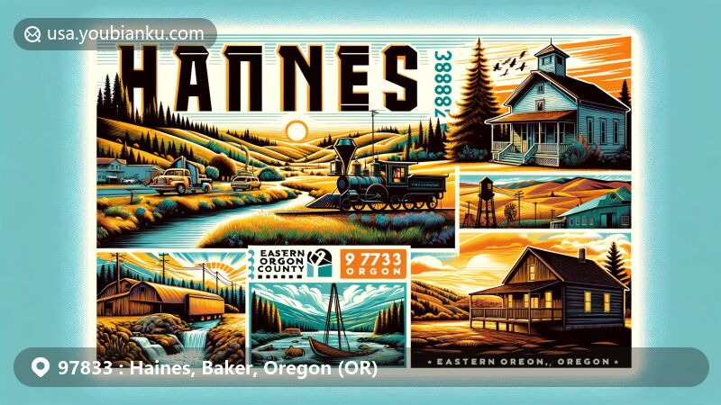 Contemporary depiction of Haines, Baker County, Oregon, showcasing local history and cultural heritage with images of the Eastern Oregon Museum, a 19th-century cabin, and the picturesque landscape, all tied together with a postal theme featuring ZIP code 97833.