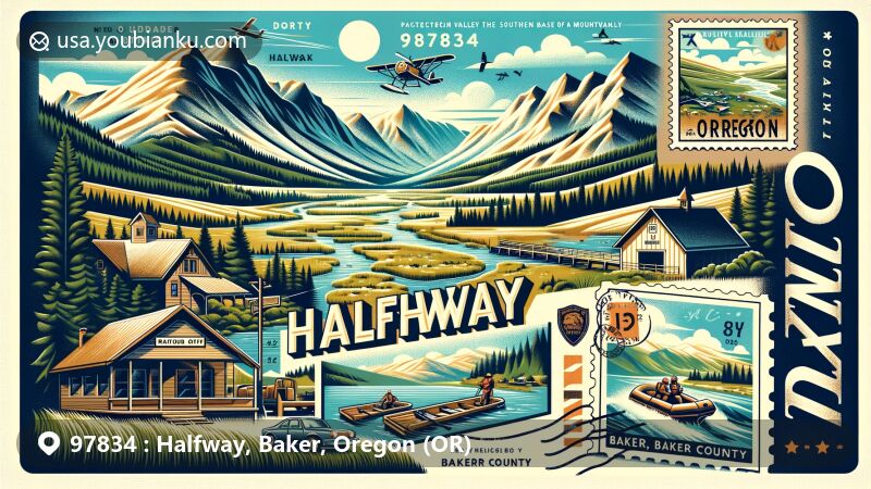 Modern illustration of Halfway, Oregon, showcasing outdoor adventure theme in a picturesque valley at the base of the Wallowa Mountains, featuring hiking, rafting, and snowmobiling activities, representing the area's diverse offerings.
