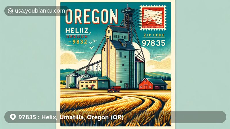 Modern illustration of Helix, Oregon, showcasing ZIP code 97835, featuring grain elevator, wheat fields, vintage stamp, postal mark, and red barn, capturing the essence of rural beauty and postal heritage.