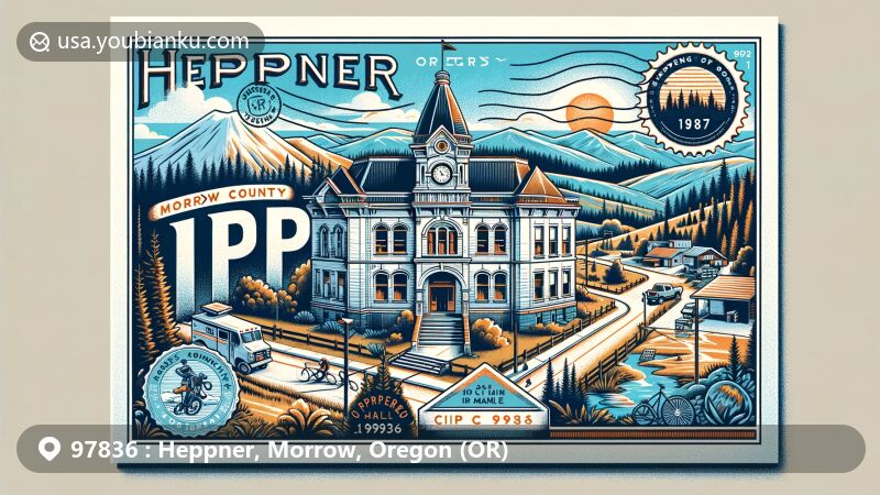 Modern illustration of Heppner, Oregon, portraying the historic Morrow County Courthouse, Blue Mountains, and Morrow County OHV Park, embodying the town's history and natural beauty with ZIP Code 97836.