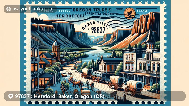 Modern illustration of Hereford, Baker, Oregon area with ZIP code 97837, featuring Oregon Trail wagons, Anthony Lakes outdoor activities, Hells Canyon, and Baker City's Victorian-era architecture.