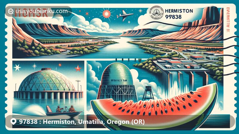Modern illustration of Hermiston, Umatilla County, Oregon, featuring Umatilla River, McNary Dam, Hat Rock, STARBASE Rees, watermelon slice, and vintage postal elements with ZIP code 97838.