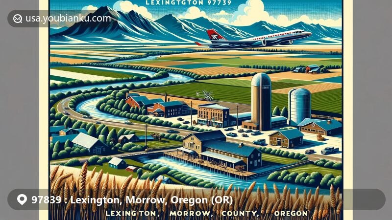 Modern illustration of Lexington, Morrow County, Oregon, featuring postal theme with ZIP code 97839, showcasing Willow Creek Valley with agricultural landscapes, Blue Mountains backdrop, historic blacksmith shop or mill silhouette, and Columbia River highlighting geographical significance and water resources. Includes Lexington Airport emblem representing local agriculture and general aviation. Contemporary postal theme creative blends retro airmail envelope, postage stamp with 97839 ZIP code, and agricultural patterns like wheat sheaf, in vibrant colors for web usability.