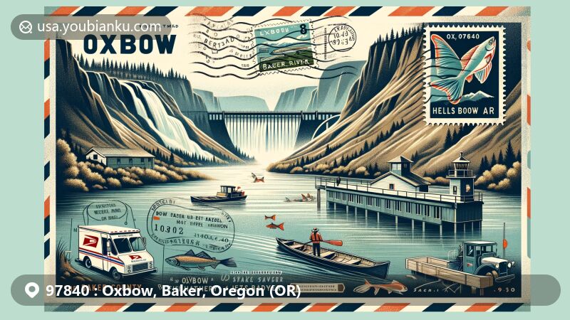 Modern illustration of Oxbow area, Baker County, Oregon, featuring scenic Oxbow Dam and Snake River, showcasing Oxbow Fish Hatchery and its role in fish conservation, particularly for steelhead trout and Chinook salmon. The foreground displays a vintage airmail envelope with prominent '97840' ZIP code, highlighting a stamp featuring Oxbow Dam, a postmark with date and location (Oxbow, OR), and various postal symbols like mail truck and mailbox. The background captures the essence of rugged Hells Canyon landscape, hinting at outdoor adventures like fishing and jet boating, emphasizing the importance of postal service in connecting remote communities.