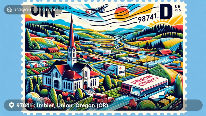 Modern illustration of Imbler, Oregon, showcasing postal theme with ZIP code 97841, highlighting rural charm and natural beauty of Grande Ronde Valley.