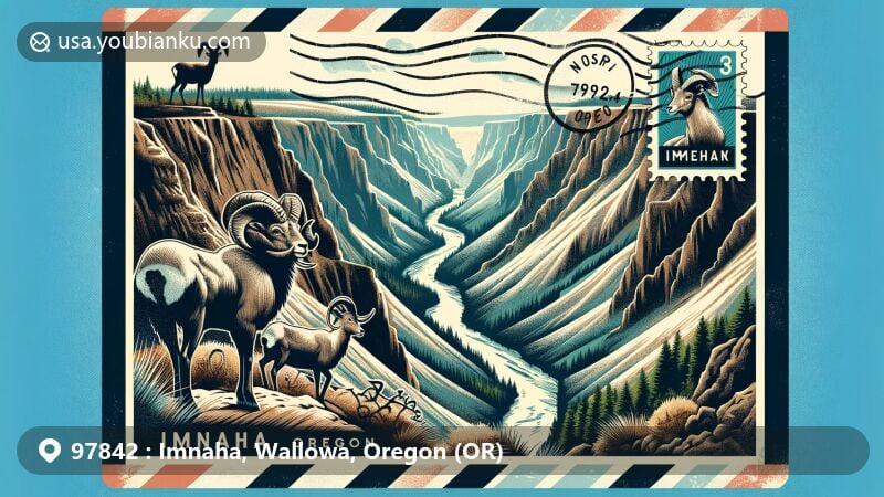 Modern illustration of Imnaha, Oregon, featuring rugged canyon landscape with jagged ridges and Imnaha River, incorporating postal theme with ZIP code 97842 and vintage stamps, blending natural beauty with cultural elements.