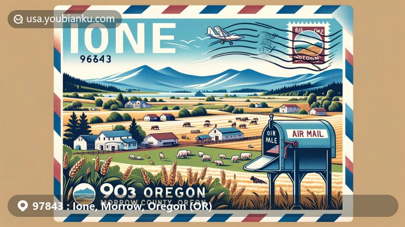 Modern illustration of Ione, Morrow County, Oregon, highlighting ZIP code 97843 with vintage airmail envelope, showcasing wheat fields, Blue Mountains, and community events, featuring Oregon state flag and Morrow County map outline.