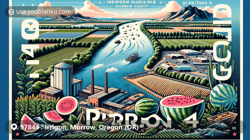 Vibrant artwork of Irrigon Marina Park, located in Morrow County, Oregon, capturing the beauty of the waterfront and recreational activities.