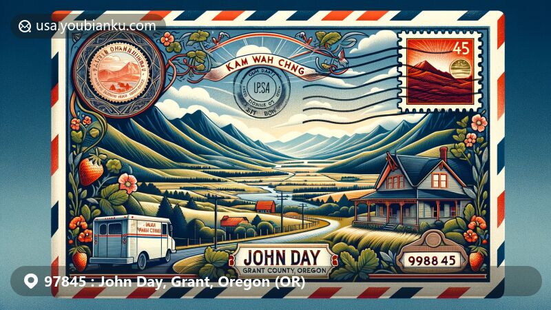 Modern illustration of John Day, Grant County, Oregon, showcasing postal theme with ZIP code 97845, featuring Kam Wah Chung & Co. Museum and picturesque Strawberry and Blue Mountains.
