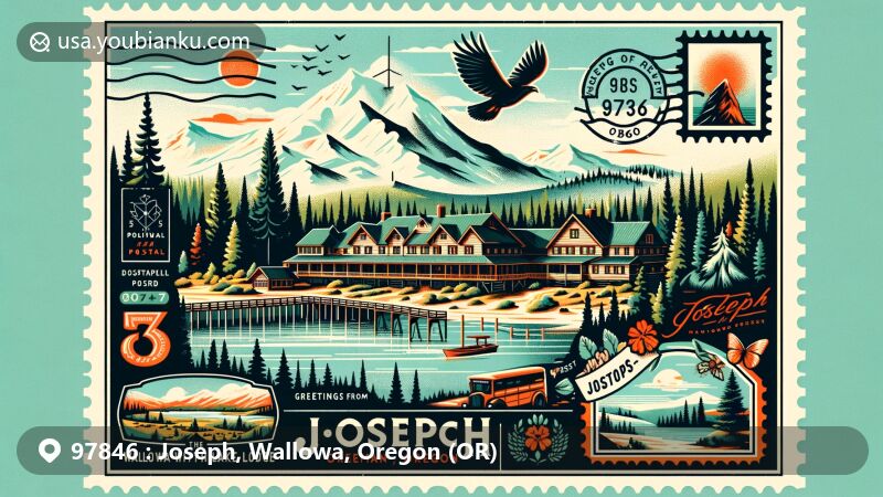 Modern illustration of Joseph, Oregon, showcasing Wallowa Lake Lodge as a central landmark, surrounded by elements of Wallowa-Whitman National Forest and highlighting the diverse climate from hot summers to snowy winters. Postal elements include retro stamps with ZIP code 97846, classic postmarks, and elegant handwritten 'Greetings from Joseph, Oregon'. Vibrant colors and stylized illustrations of outdoor activities near Eagle Cap Wilderness add a modern touch to this visually appealing postcard design.