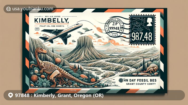 Modern illustration of Kimberly, Grant, Oregon (OR), highlighting ZIP code 97848 and airmail theme with John Day Fossil Beds, showcasing rich fossils and unique geological structures.