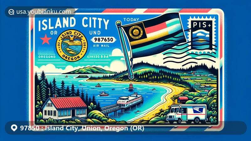 Modern illustration of Island City, Union County, Oregon, incorporating postal theme with ZIP code 97850, featuring Oregon state flag in the background and scenic view of the city's natural beauty.