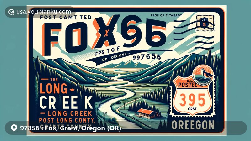 Modern illustration of ZIP code 97856 in Fox, Long Creek, and Ritter, Grant County, Oregon, featuring Fox Creek and U.S. Route 395, showcasing the area's natural beauty and postal heritage.