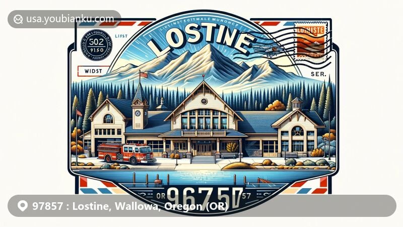 Modern illustration of Lostine, Wallowa County, Oregon, featuring airmail envelope theme with Lostine fire station, city hall, and library, set against the backdrop of Wallowa Mountains and vintage postage stamp of Wallowa Lake.