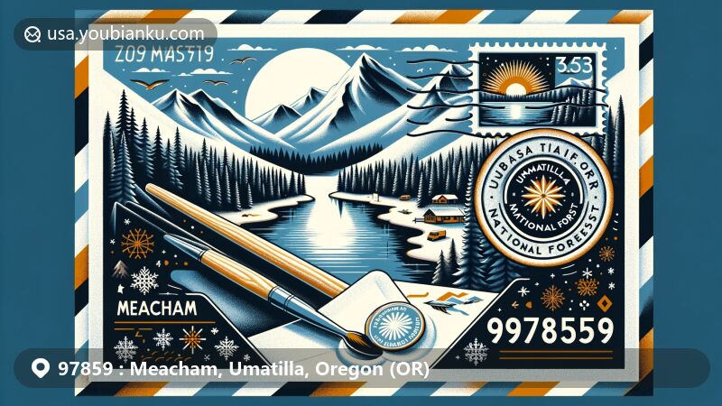 Modern illustration of Meacham, Oregon, highlighting the charm of ZIP code 97859, featuring vintage air mail envelope with snow-capped mountains, dense forests, and Meacham Lake in the background.