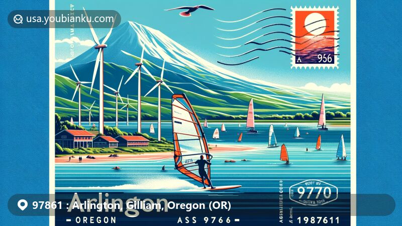 Modern illustration of Arlington, Gilliam County, Oregon, showcasing postal theme with ZIP code 97861, featuring semi-arid climate, Columbia River, and kite surfing.