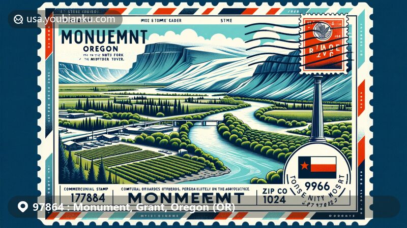 Modern illustration of Monument, Oregon, highlighting the confluence of the North Fork and Middle Fork of the John Day River, commercial orchards, and Oregon's unique steppe climate.
