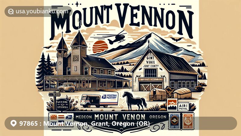 Modern illustration of Mount Vernon, Grant County, Oregon, showcasing black stallion stable symbolizing city's history, scenic John Day River backdrop, and vintage postal elements with ZIP code 97865.